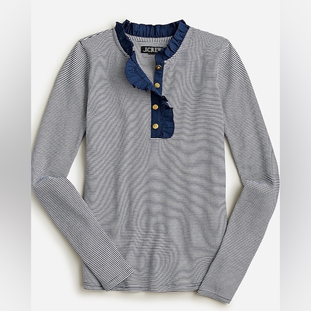 J.Crew Size S Ruffle-Collar Long-Sleeve Shirt in Navy White Striped Vintage Rib